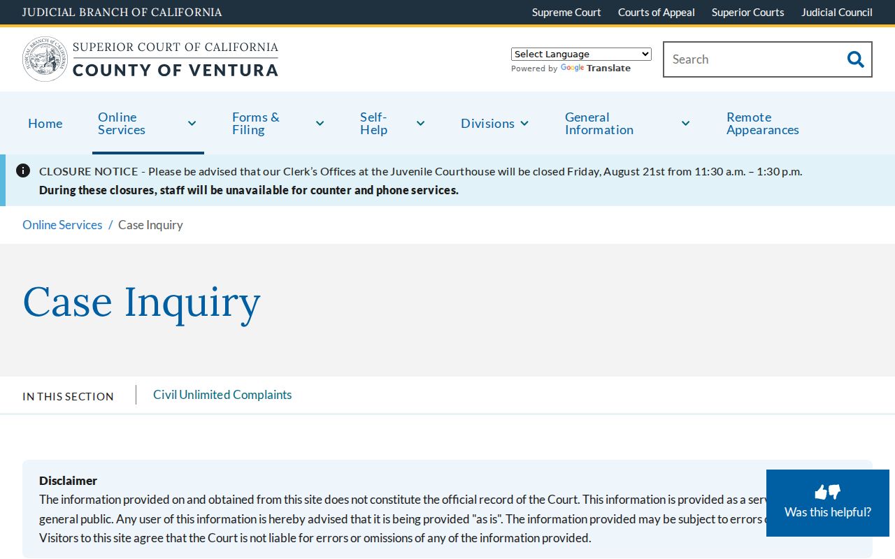 Port Hueneme residents directory and Ventura Superior Court case inquiry