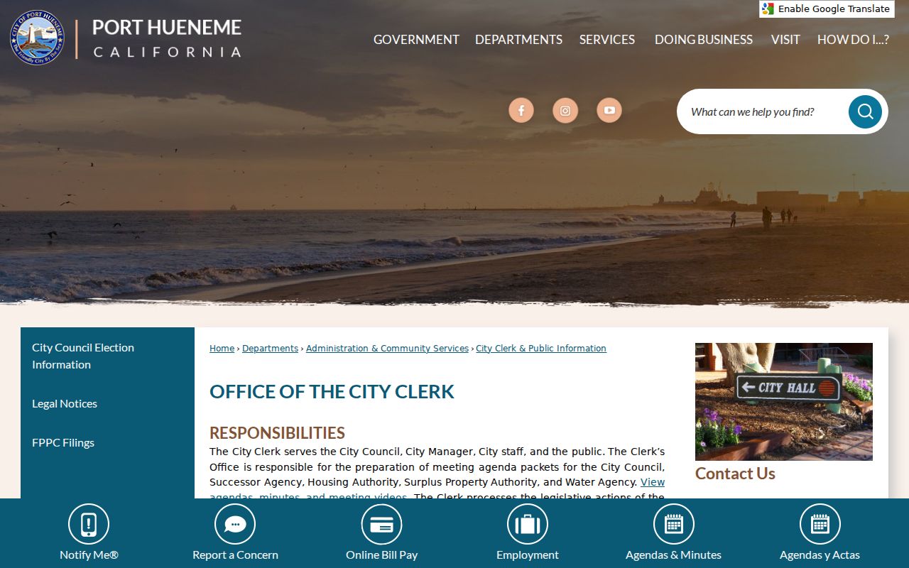 Port Hueneme residents directory and City Clerk public information