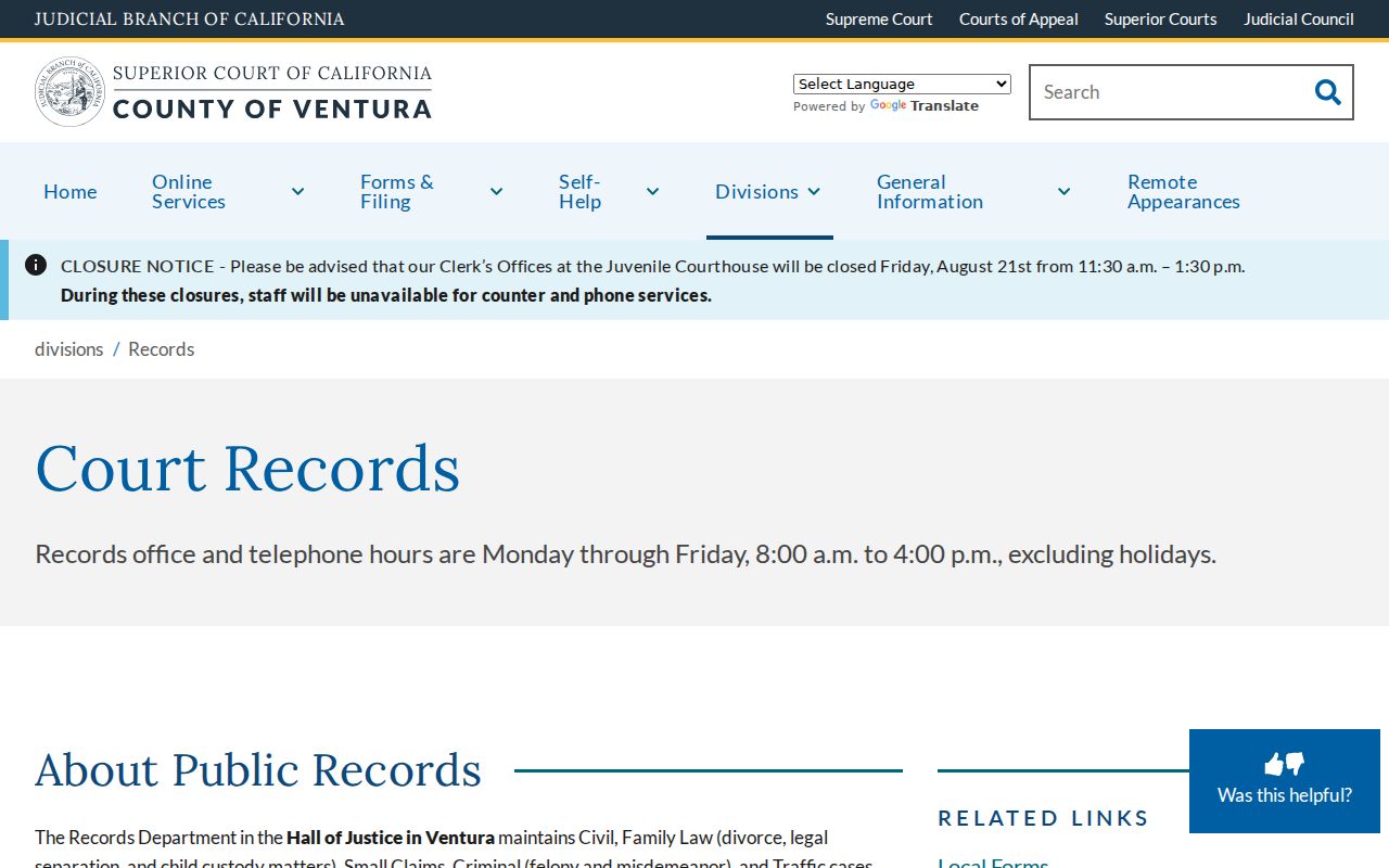 Port Hueneme resident lookup and Ventura Superior Court records department
